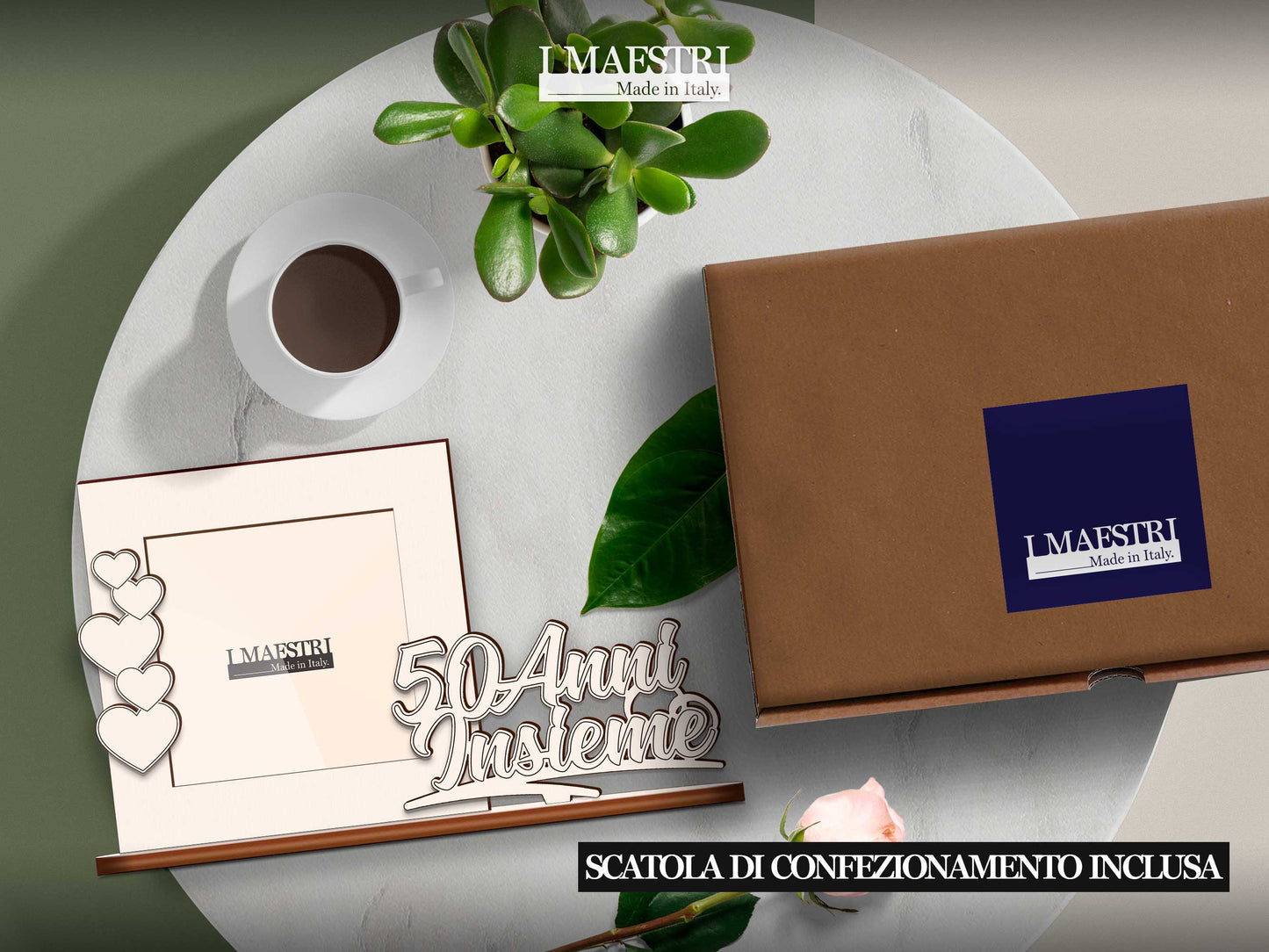 Cornice Portafoto in Legno per il Cinquantesimo Anniversario, Formato Quadrato con Scritta 50 Anni Insieme e cuoricini, Ideale come Regalo Nozze d'Oro – Made in Italy