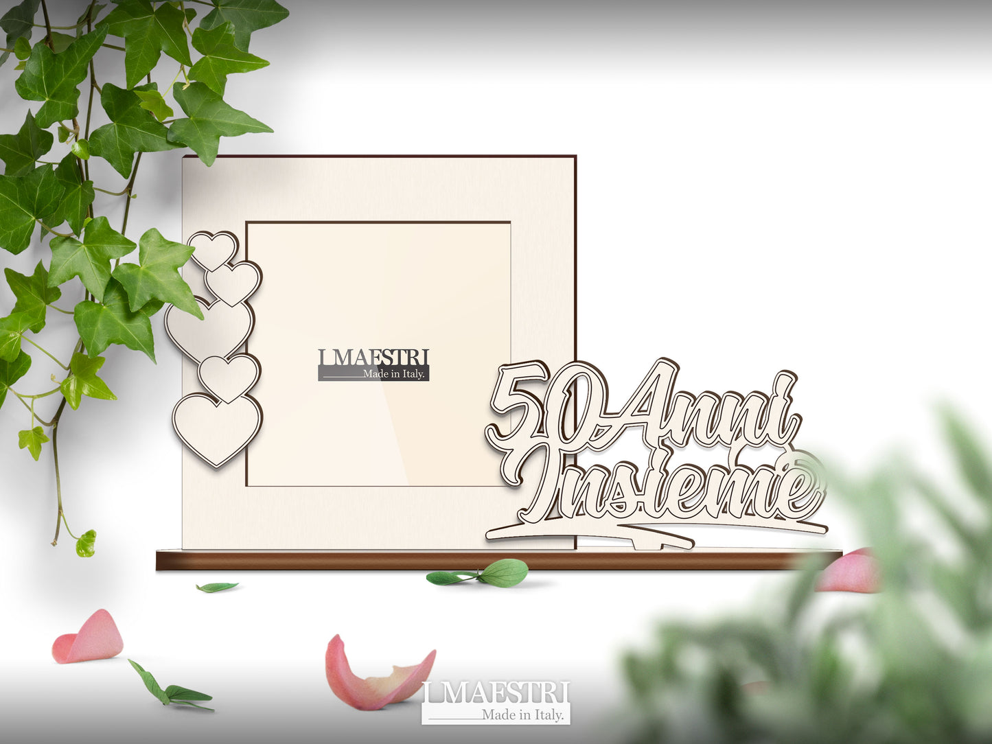 Cornice Portafoto in Legno per il Cinquantesimo Anniversario, Formato Quadrato con Scritta 50 Anni Insieme e cuoricini, Ideale come Regalo Nozze d'Oro – Made in Italy