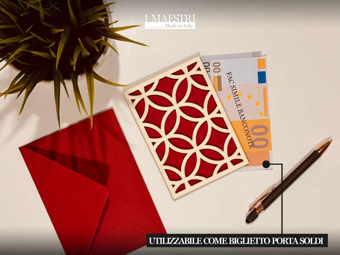 Biglietto Auguri Portasoldi in Legno per Laurea, Natale, Compleanno o Altre Occasioni Speciali, con Busta Portasoldi – Made in Italy (Rosso)
