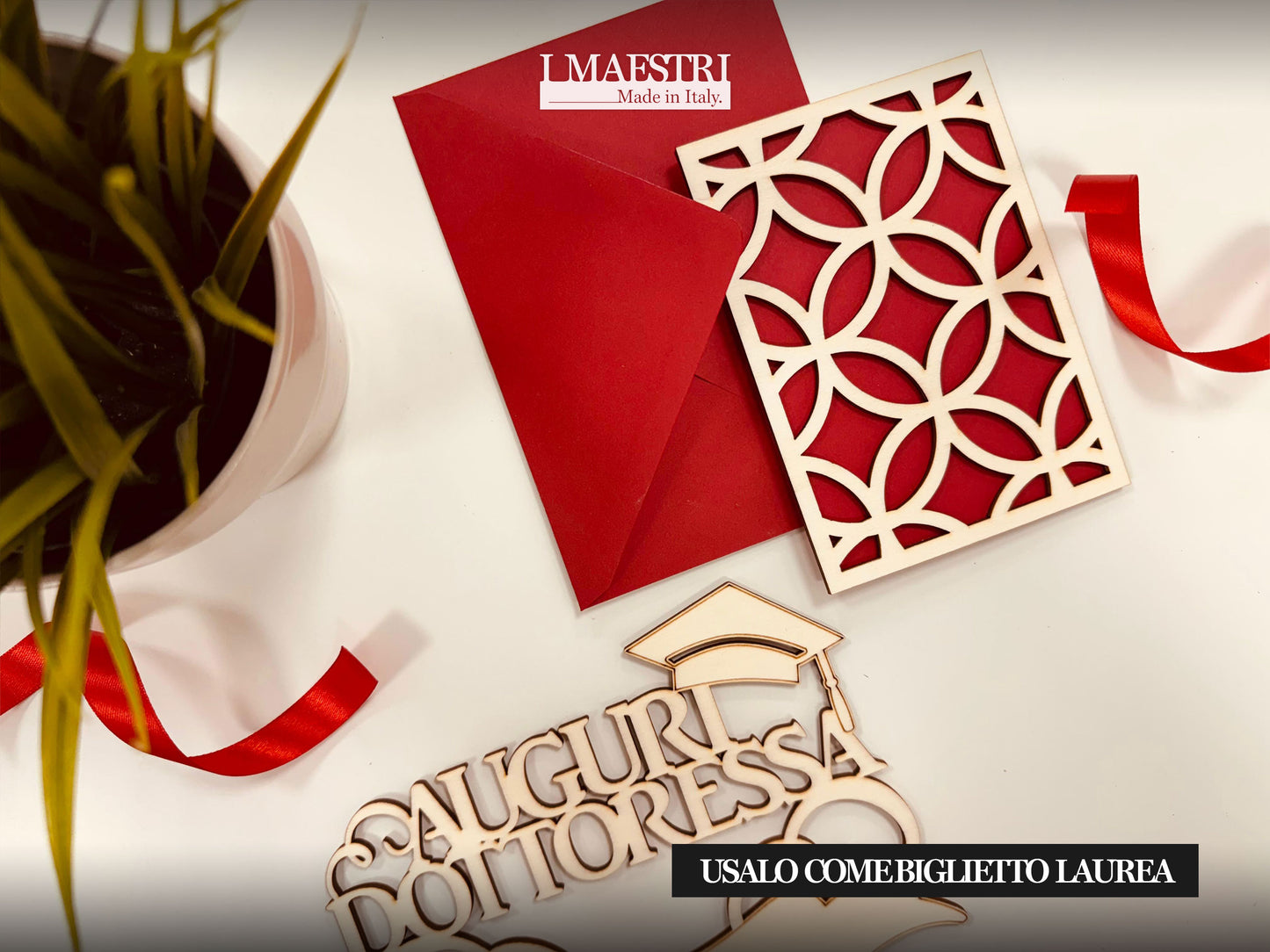 Biglietto Auguri Portasoldi in Legno per Laurea, Natale, Compleanno o Altre Occasioni Speciali, con Busta Portasoldi – Made in Italy (Rosso)