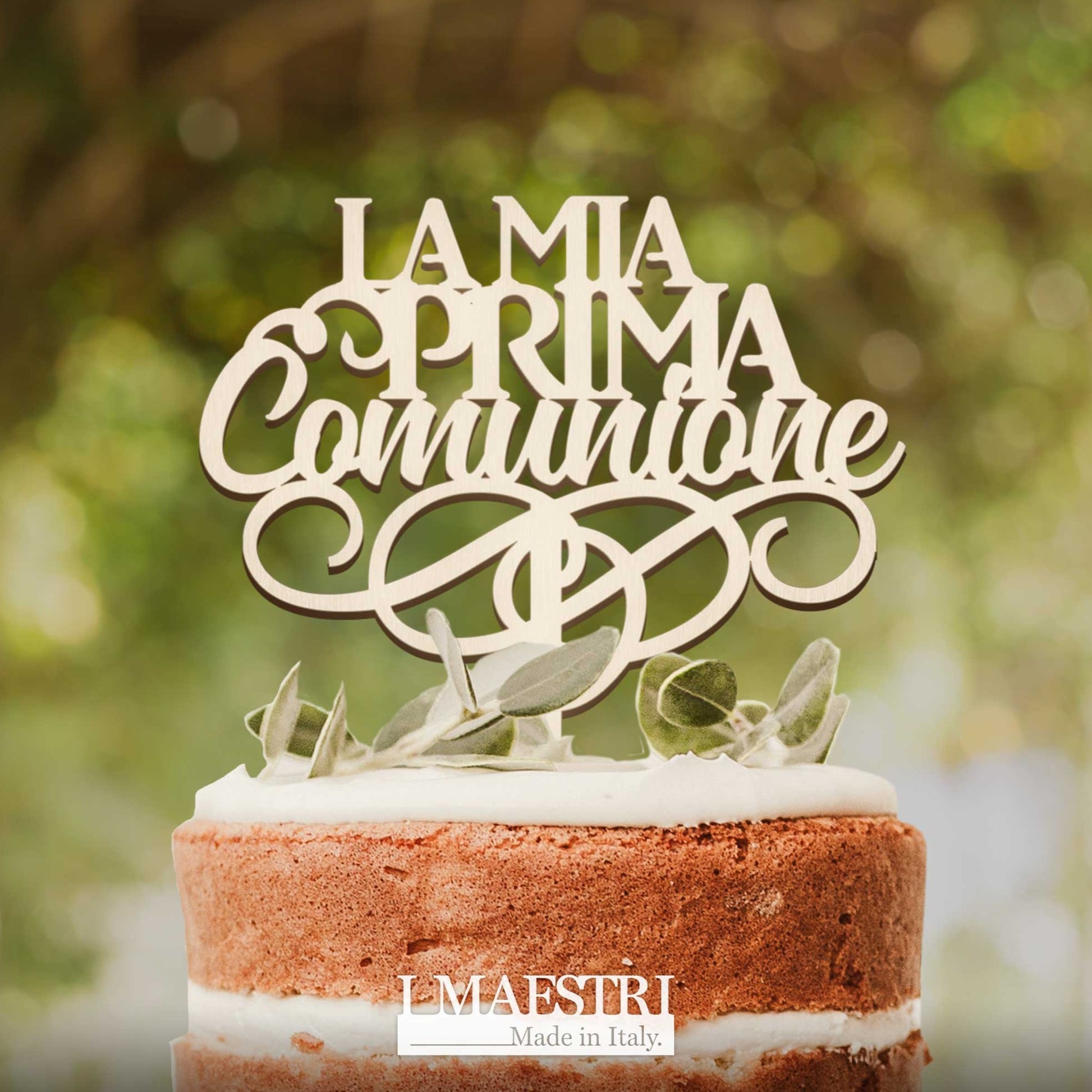 Cake topper Comunione in legno con la scritta La Mia Prima Comunione