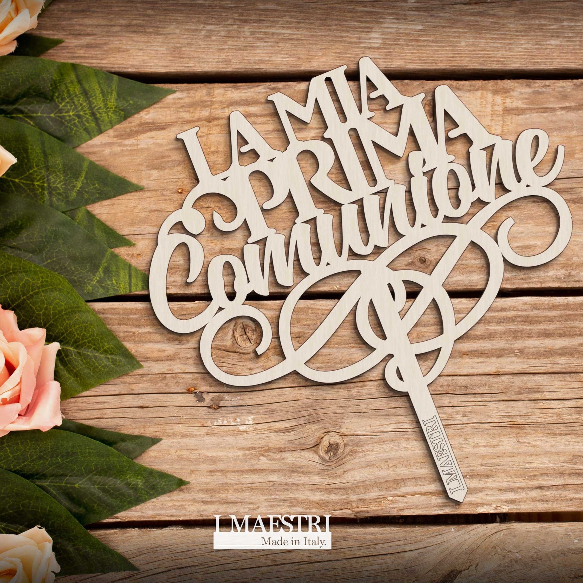 Cake topper Comunione in legno con la scritta La Mia Prima Comunione
