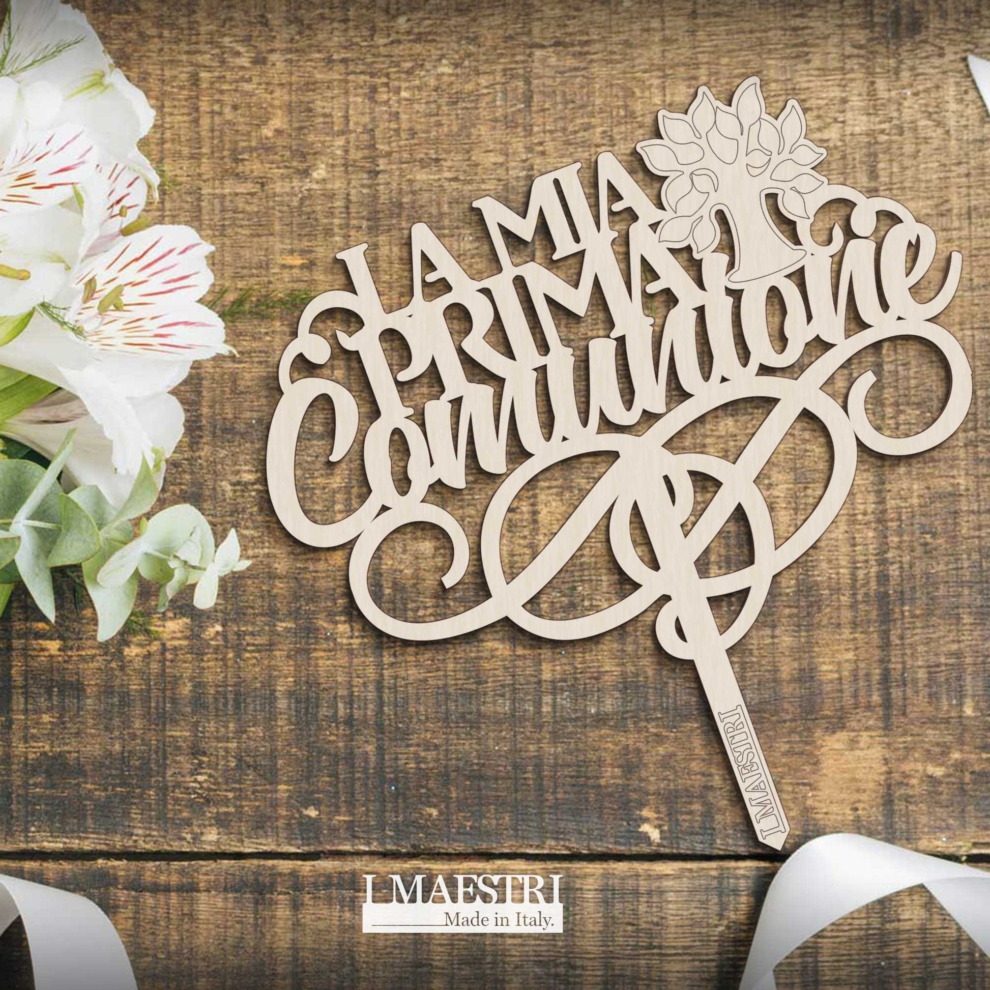 Cake topper Comunione in legno con la scritta La Mia Prima Comunione