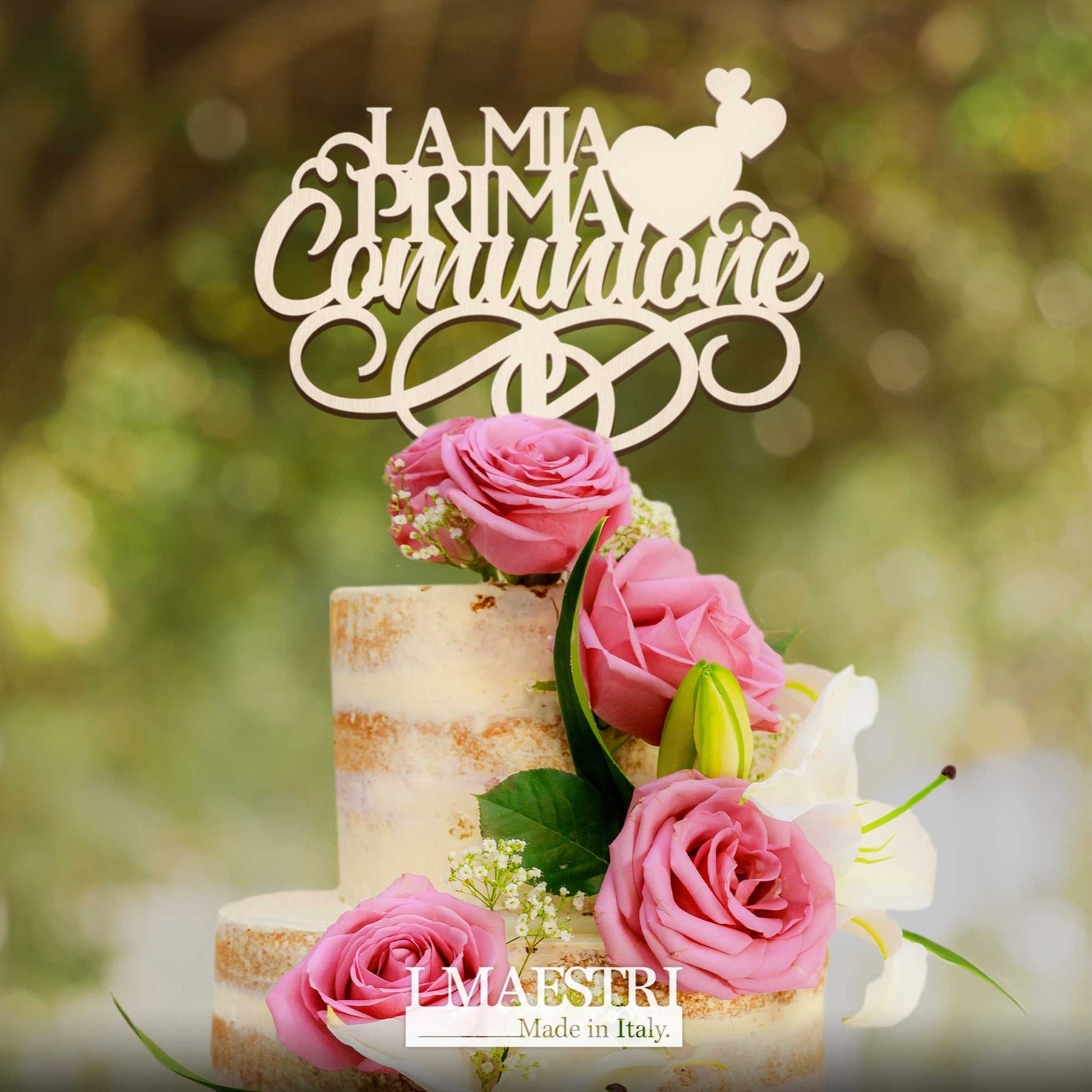 Cake topper Comunione in legno con la scritta La Mia Prima Comunione