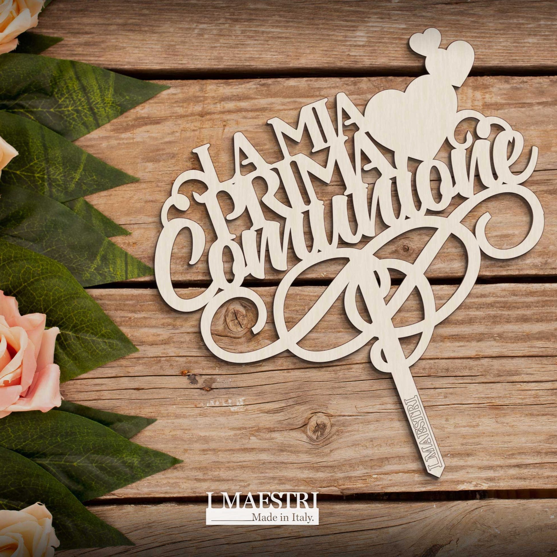 Cake topper Comunione in legno con la scritta La Mia Prima Comunione