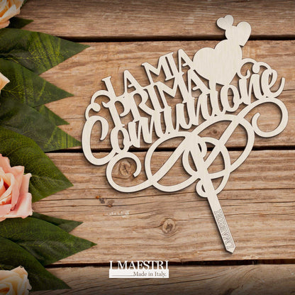 Cake topper Comunione in legno con la scritta La Mia Prima Comunione