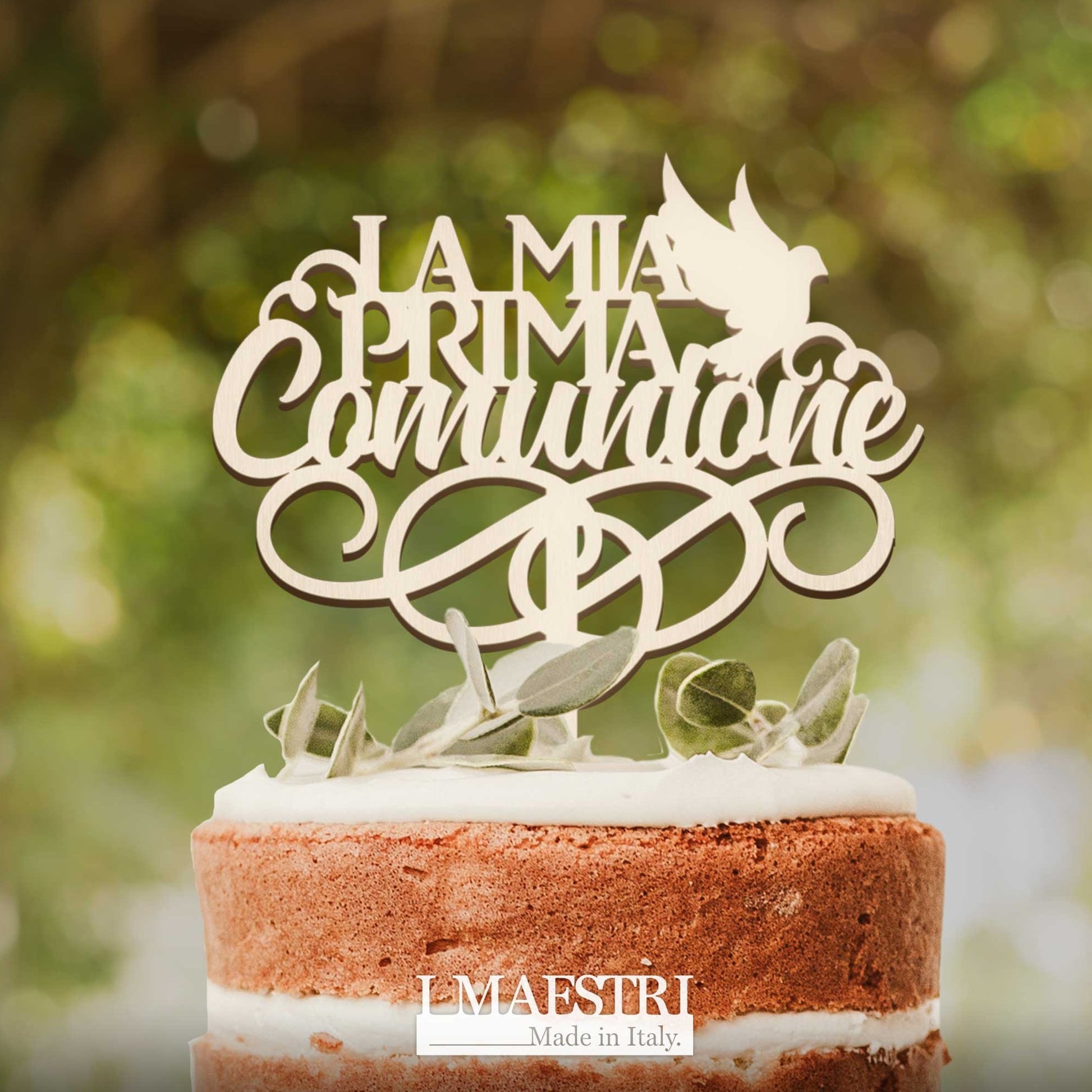 Cake topper Comunione in legno con la scritta La Mia Prima Comunione