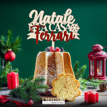 Cake Topper Natale A Casa di Personalizzabile con Nome Famiglia per Torte Pandoro e altri dolci natalizi